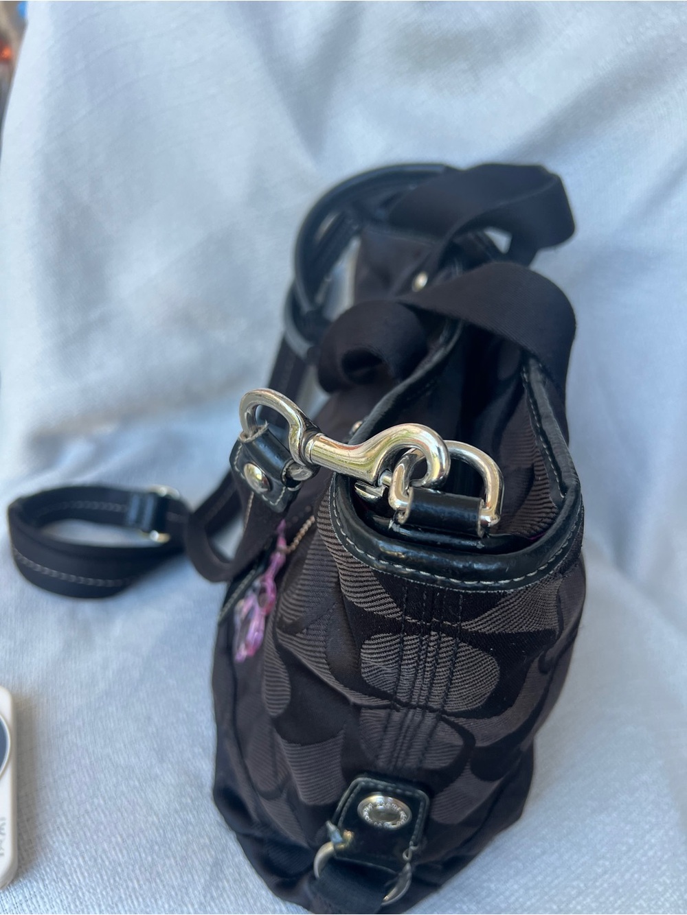 Coach Black Signature Tote with Purple Flower Charm - Picture 10 of 16